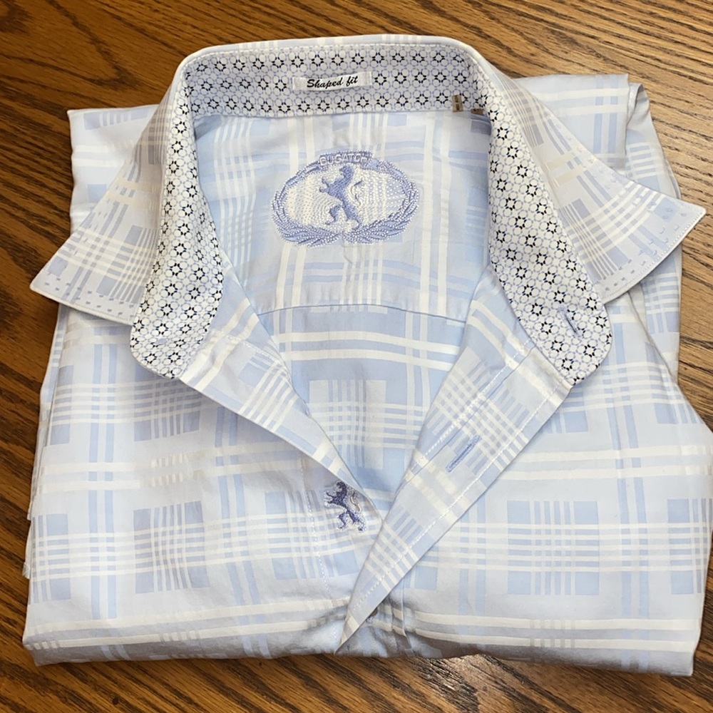 Bugatchi Blue & White Plaid Button Front Dress Shirt Men's L Large